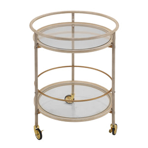 Round Bar Cart with Tempered Glass Shelves and Gold Accents