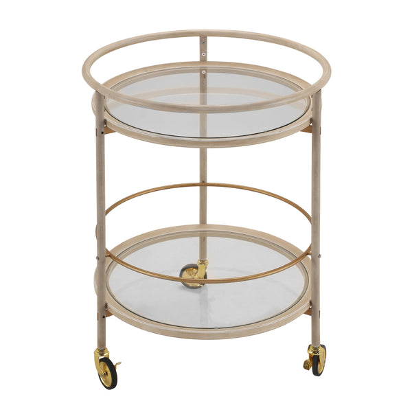 Round Bar Cart with Tempered Glass Shelves and Gold Accents