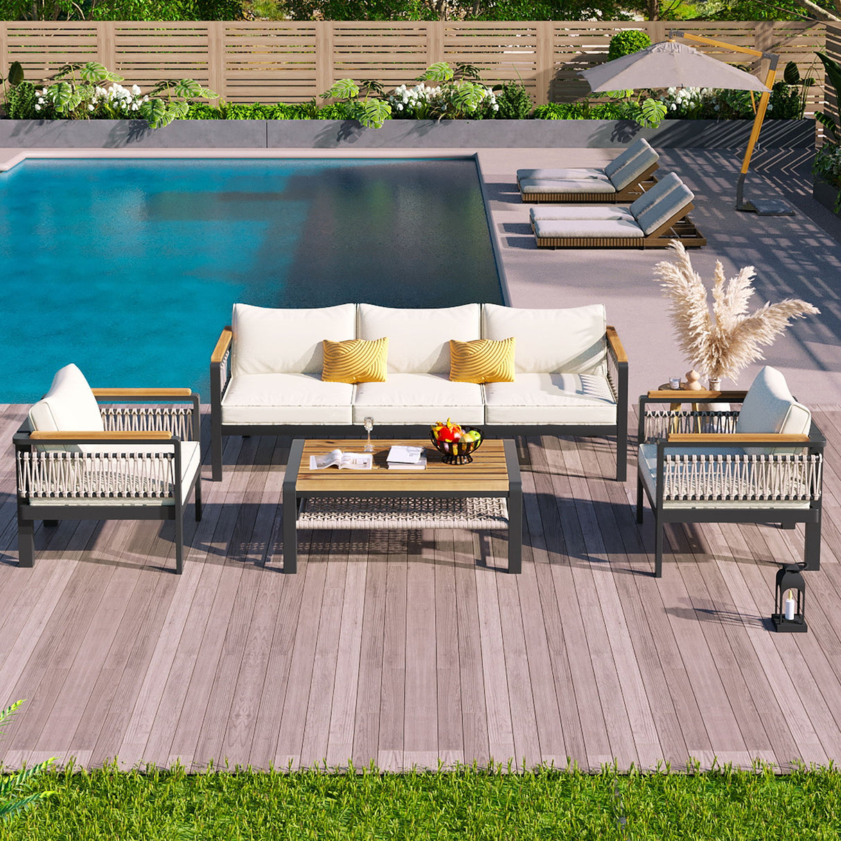 4 Pieces Outdoor Sectional Sofa Set 5 Person Patio Seating Group Outdoor Conversation Set With Cushions And A Coffee Table For Patios