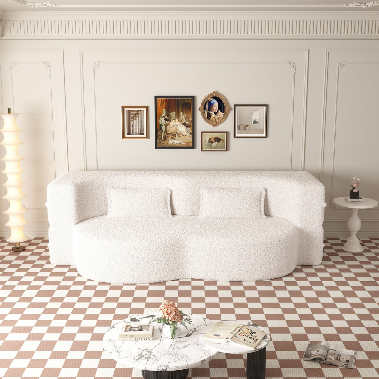 Modern Floor Sofa With 2 Pillows Convertible Teddy Fabric Foam Filled Bed