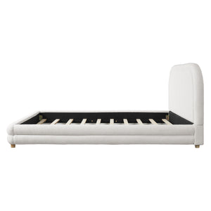 Queen Size Bed Frame With Boucle Upholstered Thick Curved Headboard, Solid Wood Legs