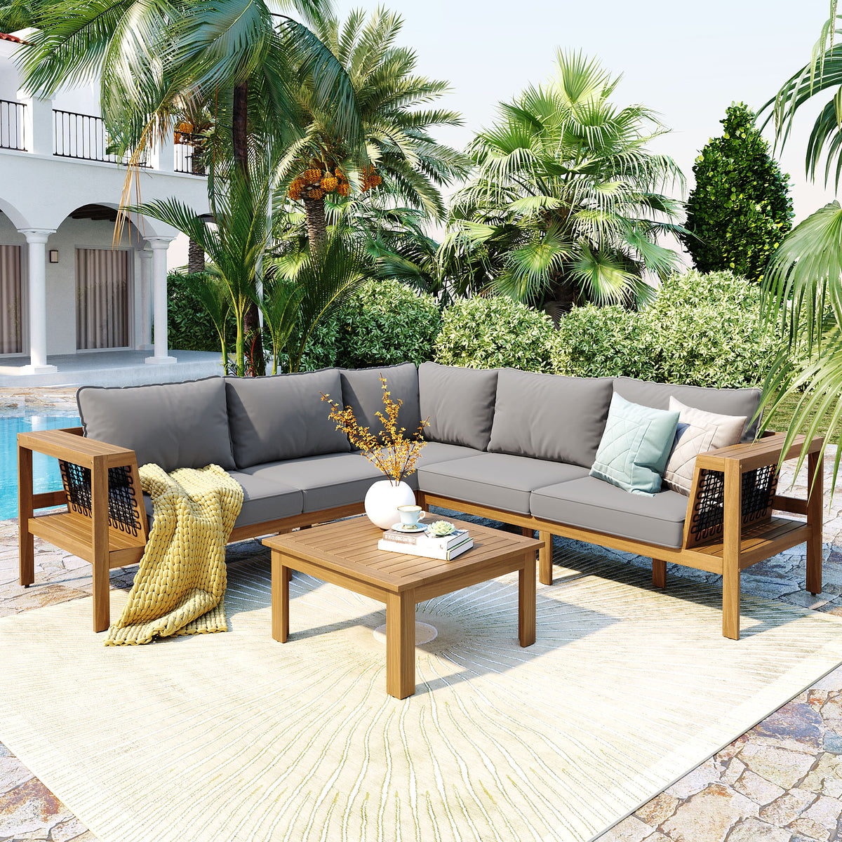 4 Pieces Outdoor Acacia Wood Sofa Set with Coffee Table