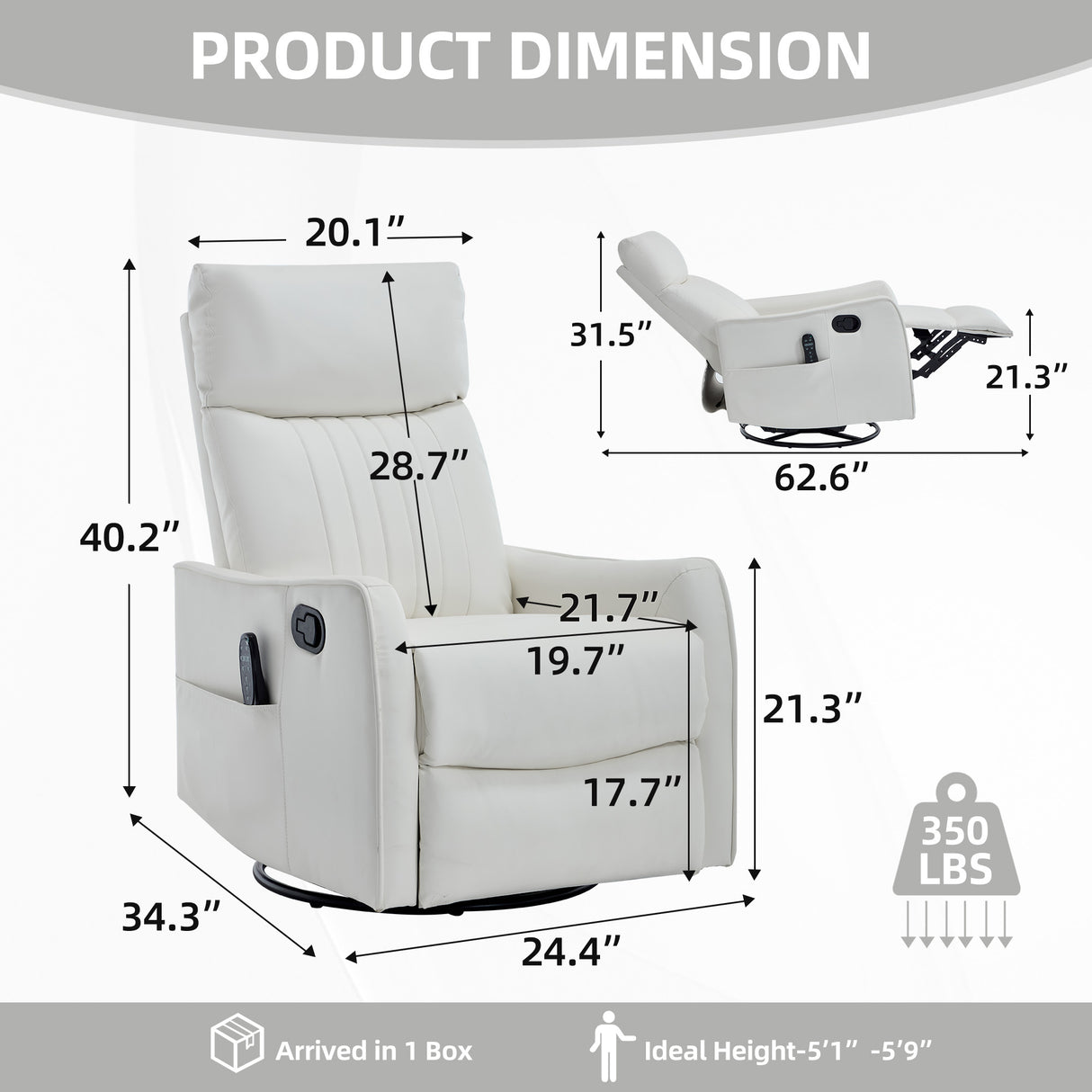 White Heat Massage Manual Recliner Chair with Rocker and Swivel in Faux Leather