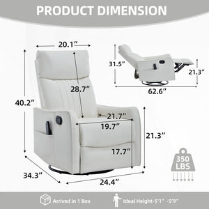White Heat Massage Manual Recliner Chair with Rocker and Swivel in Faux Leather