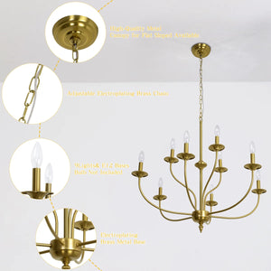 9-Light Dimmable Metal Chandelier with Candle-Style Arms, Gold