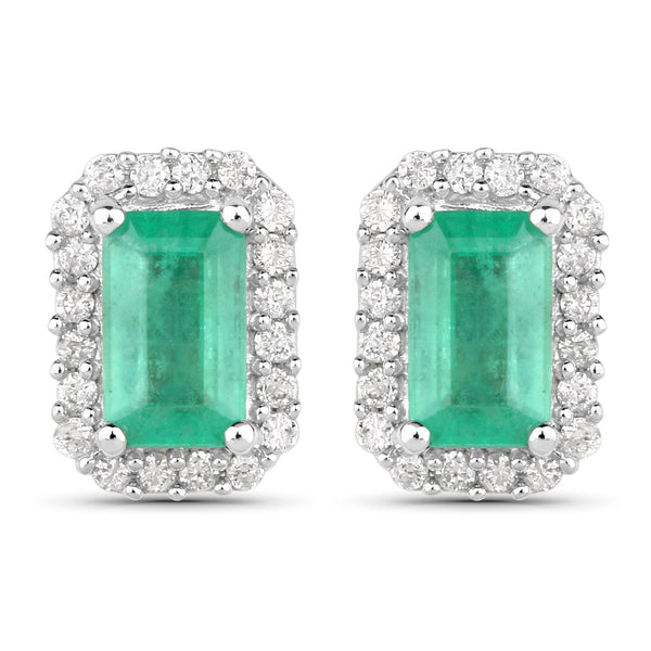 0.91 Carat Genuine Zambian Emerald and White Diamond 14K White Gold Earrings