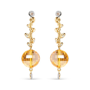 18K Yellow Gold 2/3 Cttw Round Bezel Diamond and 25mm Ball Shaped Yellow Citrine Gemstone Dangle Stud Earring (Brown and G-H Color, SI1-SI2 Clarity)