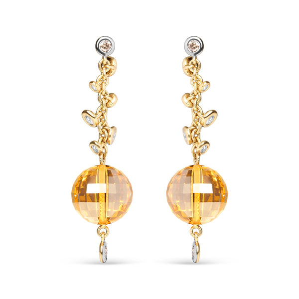 18K Yellow Gold 2/3 Cttw Round Bezel Diamond and 25mm Ball Shaped Yellow Citrine Gemstone Dangle Stud Earring (Brown and G-H Color, SI1-SI2 Clarity)