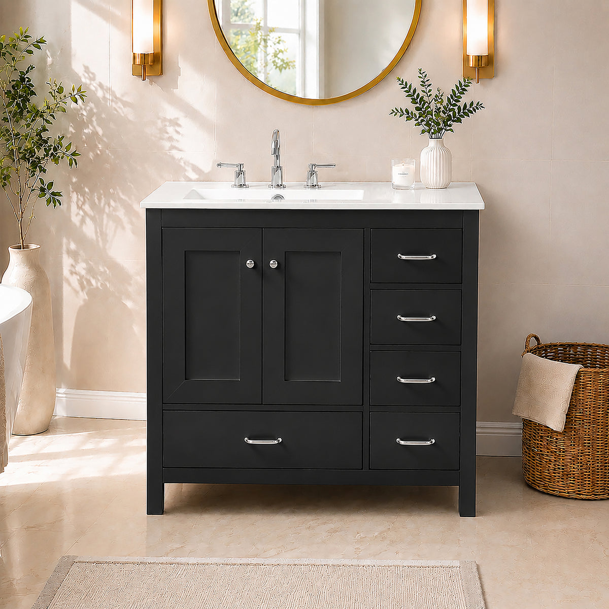 36" Black Bathroom Vanity with Ceramic Sink Combo