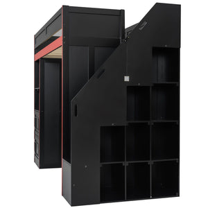 Gaming Loft Bed With Desk And Storage, LED Lights