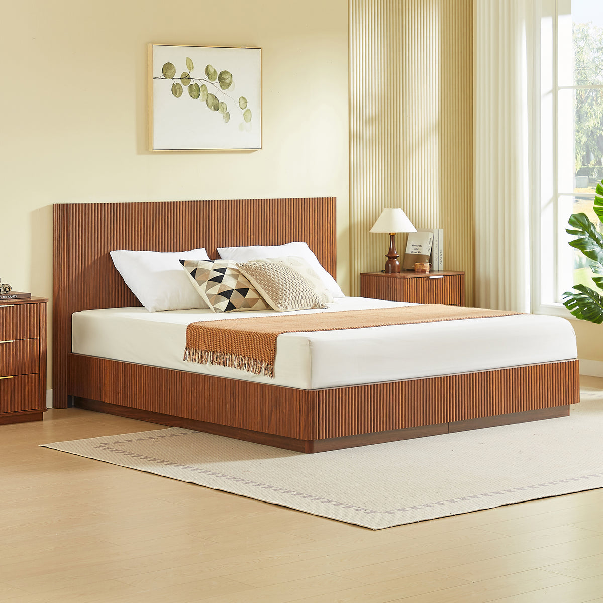 King Size Bed Frame with LED Lights in Walnut