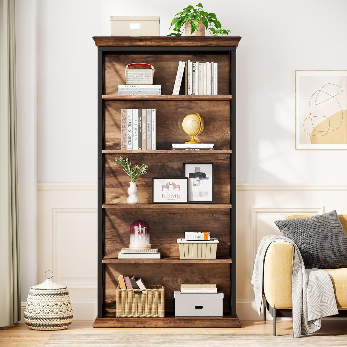 6 Tier Industrial Brown Bookshelf With X Pattern Design - Rustic Brown