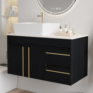36" Wall-Mounted Bathroom Vanity with Vessel Ceramic Sink & Plywood Countertop