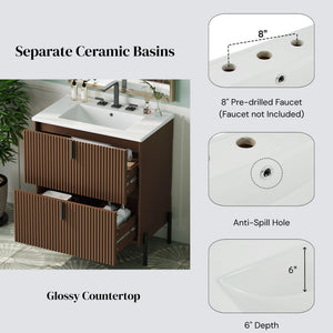 Fluted Bathroom Vanity With Ceramic Sink, Freestanding Design