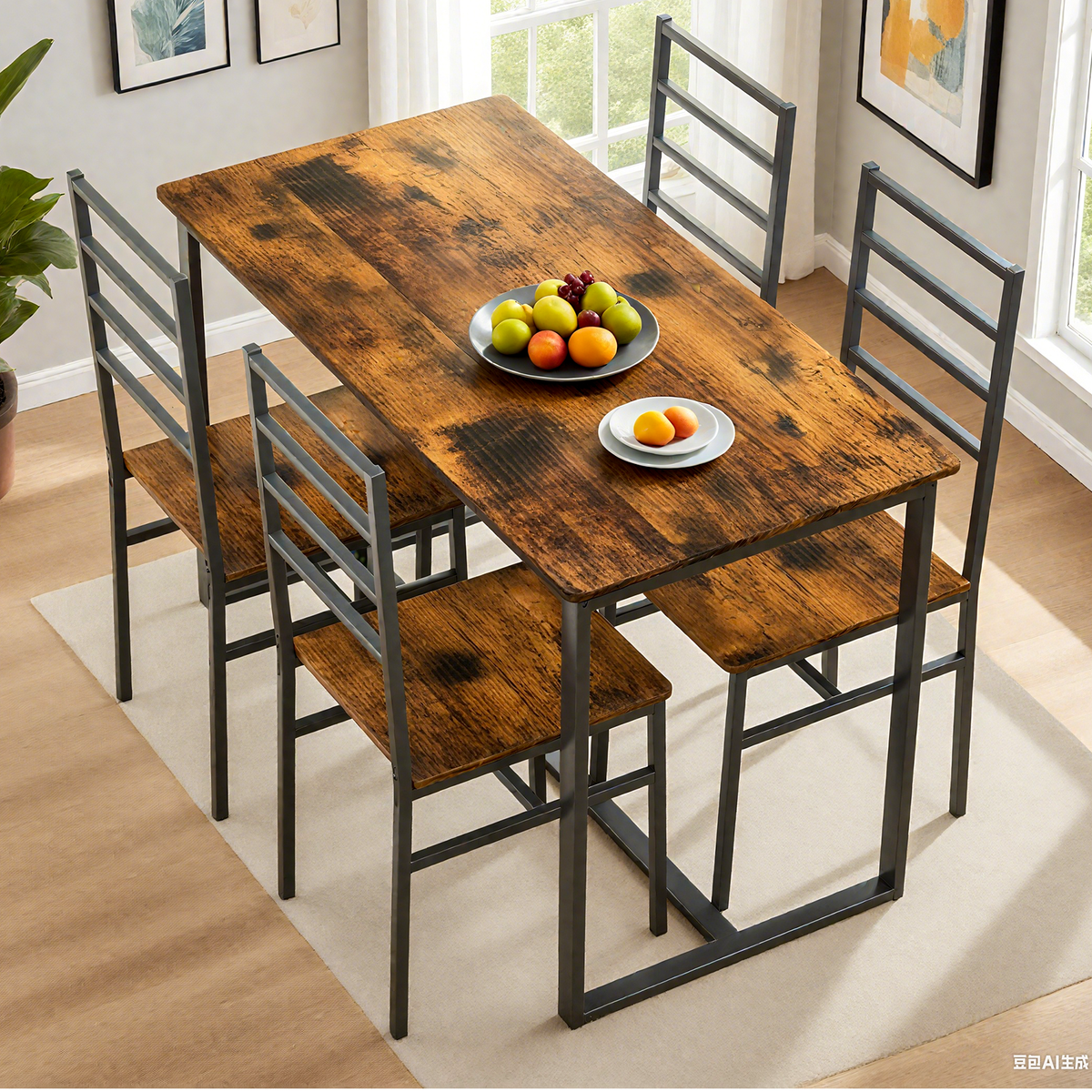 5 Piece Metal and Wood Indoor Modern Dining Table Set for 4