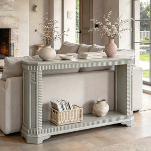 55-Inch Retro Carved Console Table, 2-Tier Open Storage, Champagne Silver