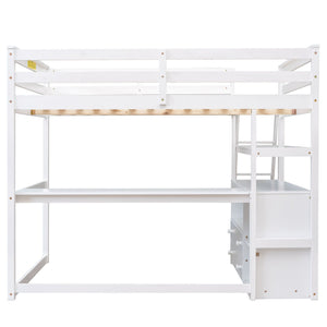 Modern Loft Bed With Built In Desk, Shelves, And 2 Drawers