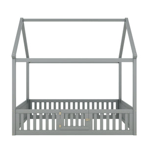 Wood House Bed With Fence And Door