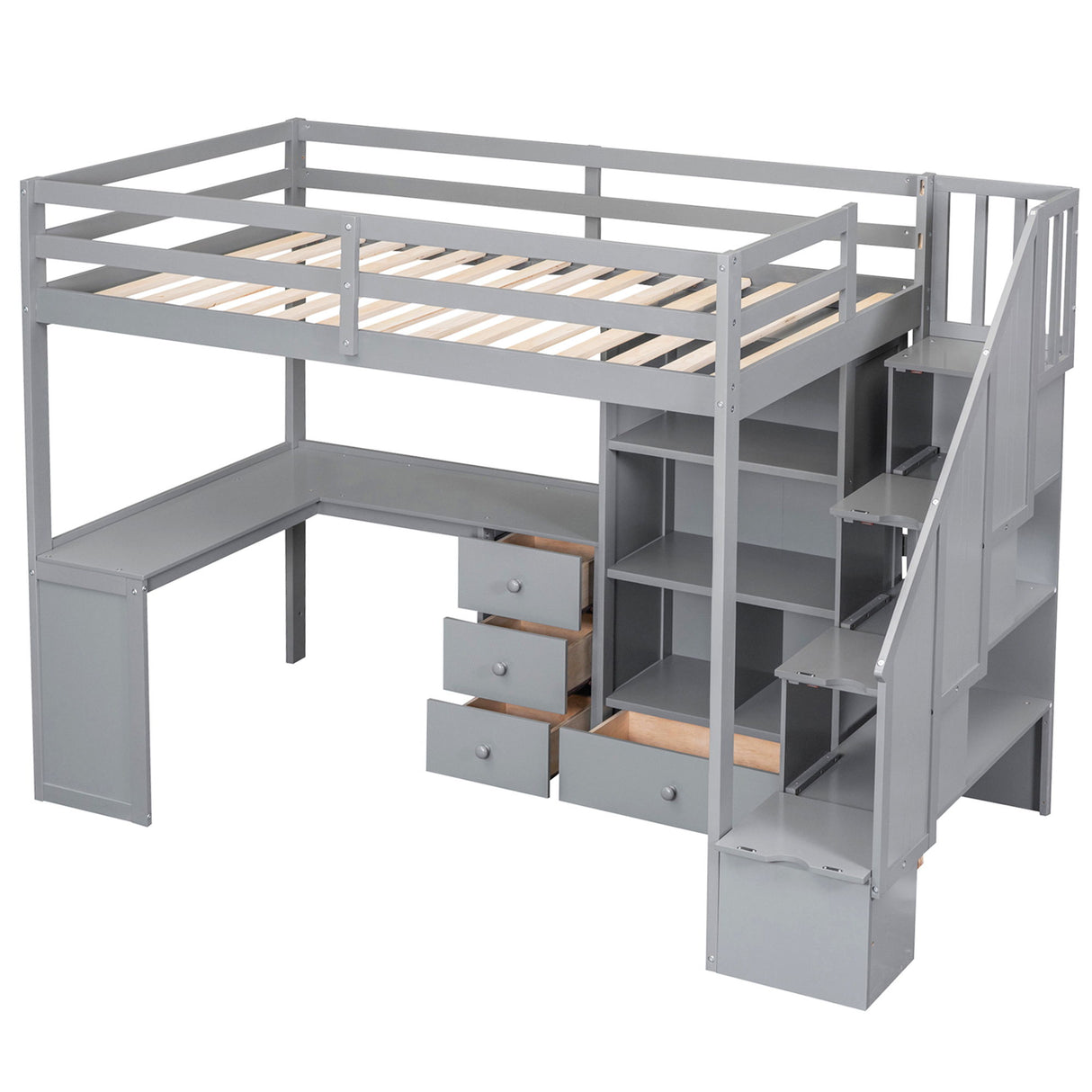 Loft Bed With L Shaped Desk, Drawers, Cabinet, And Storage Staircase