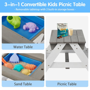 3-In-1 Kids Outdoor Wooden Picnic Table With Umbrella