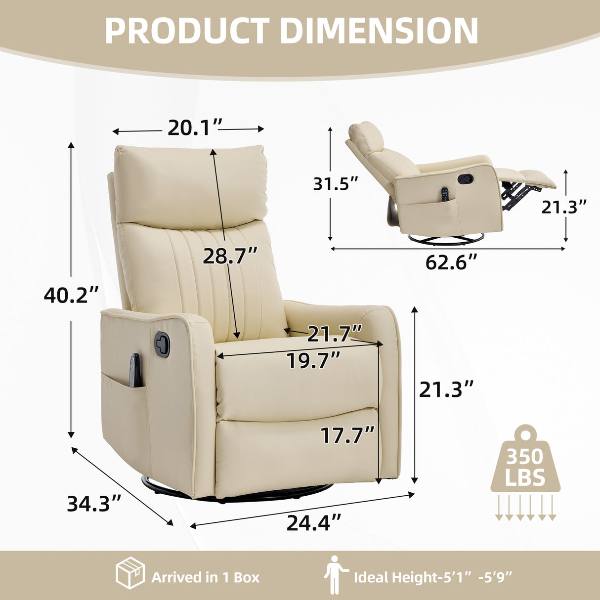 Beige Heat Massage Manual Recliner Chair with Rocker and Swivel