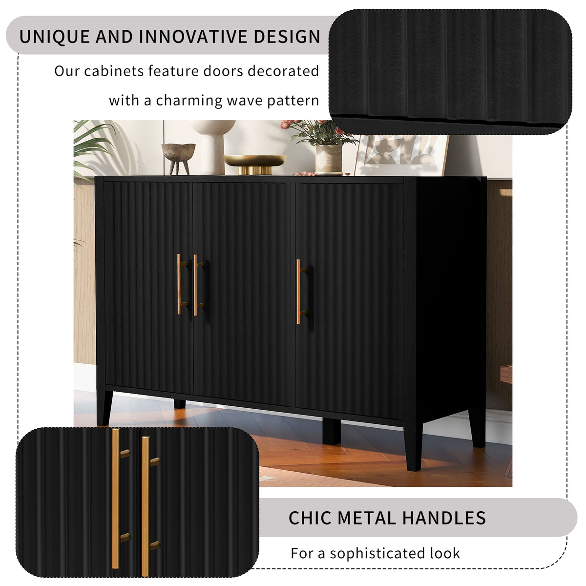 U-Style Wavy 3-Door Sideboard with Solid Pine Legs