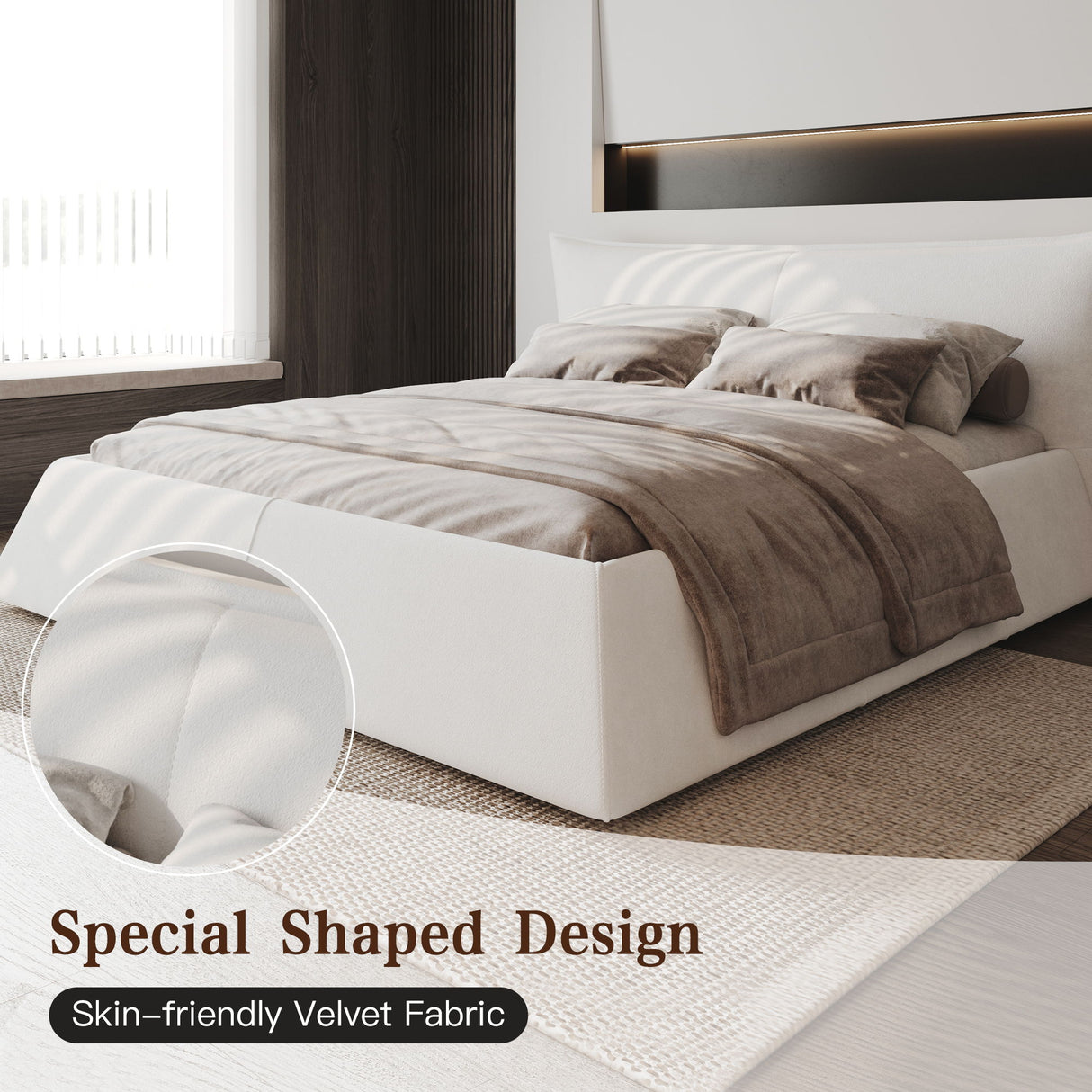 Upholstered Platform Bed With Special Shaped Headboard