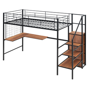 Loft Bed With Desk And Grid, Stylish Frame With Lateral Storage Ladder And Wardrobe