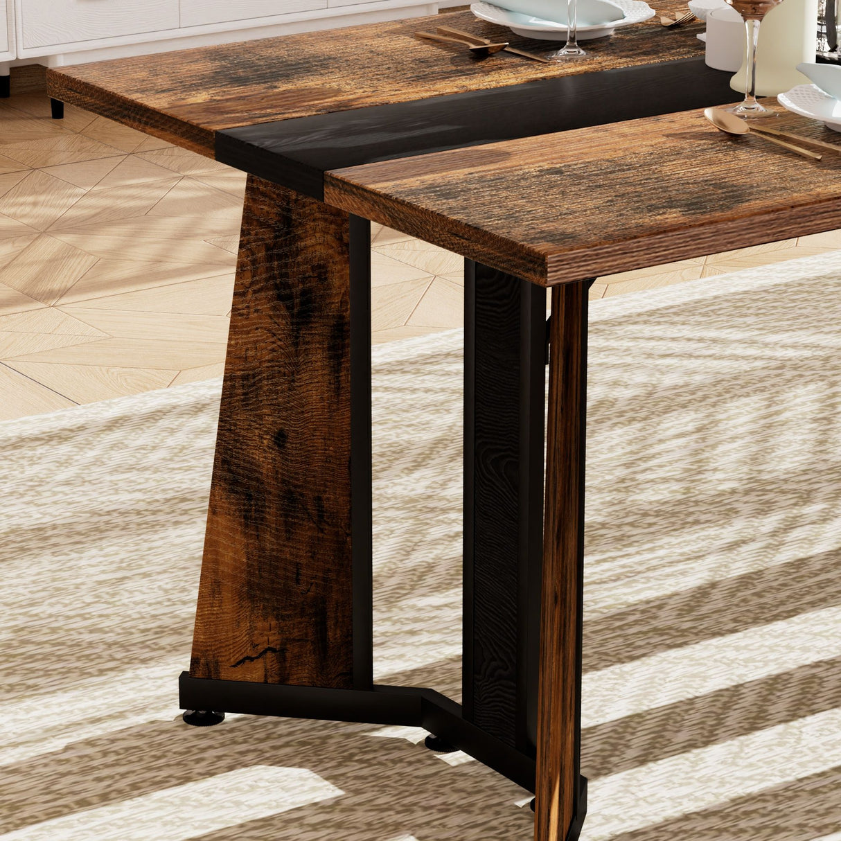 Rustic Rectangular Large Dining Table, Waterproof Desk For 8 People, & Steel With Adjustable Legs - Black / Rustic Brown