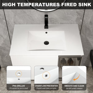 30" Wall-Mounted Bathroom Vanity With Ceramic Sink, Glossy