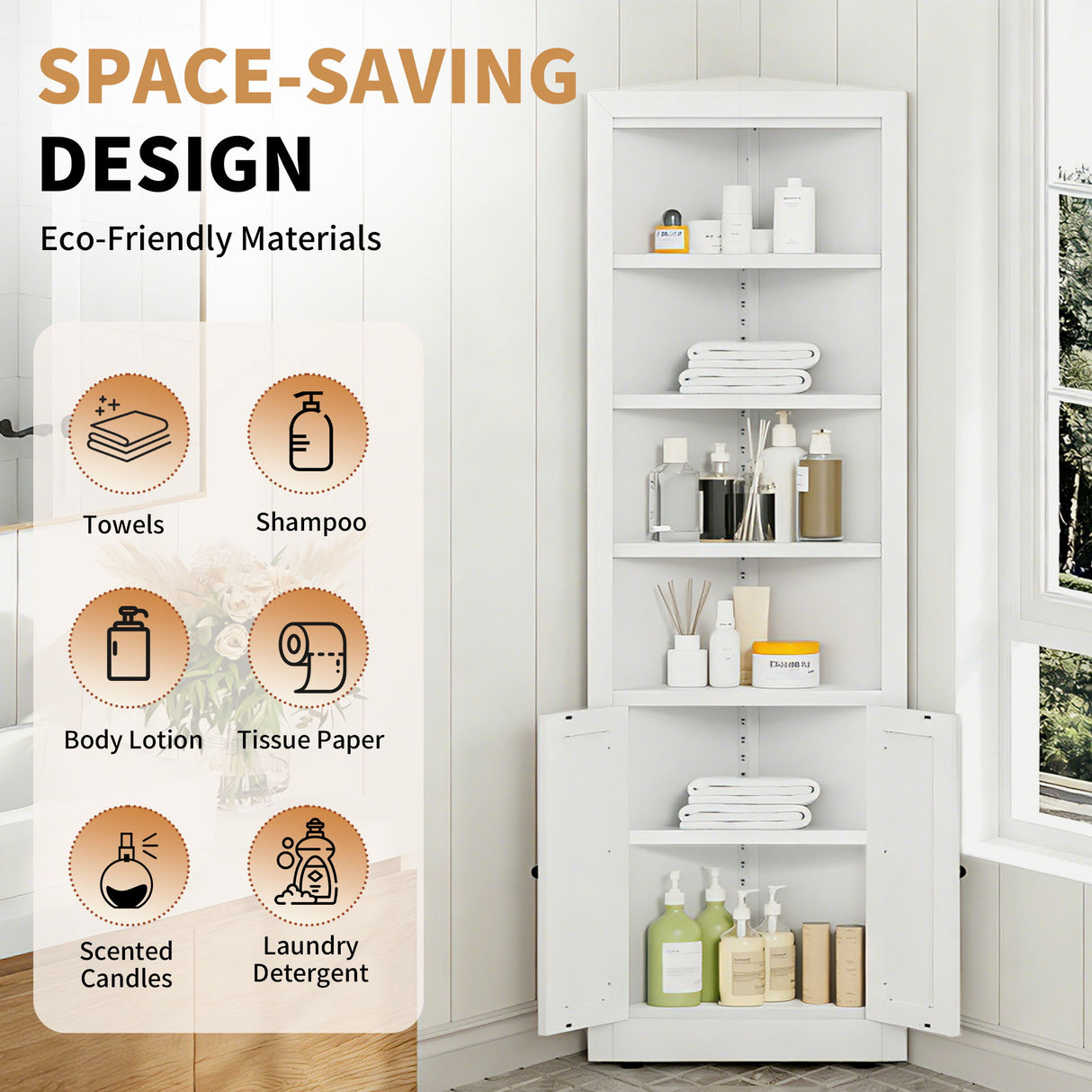 Tall Corner Storage Cabinet With 2 Doors, 5-Tier With Adjustable Shelve, Freestanding - White