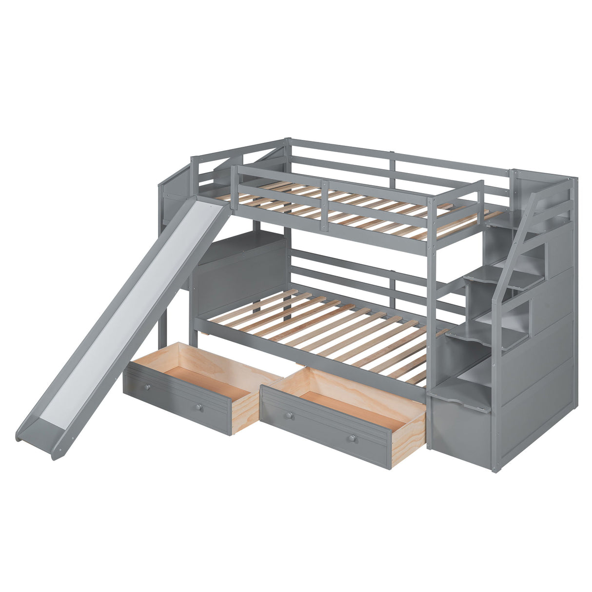 Bunk Bed With Storage Staircase, Slide, Desk, Drawers, And Shelves