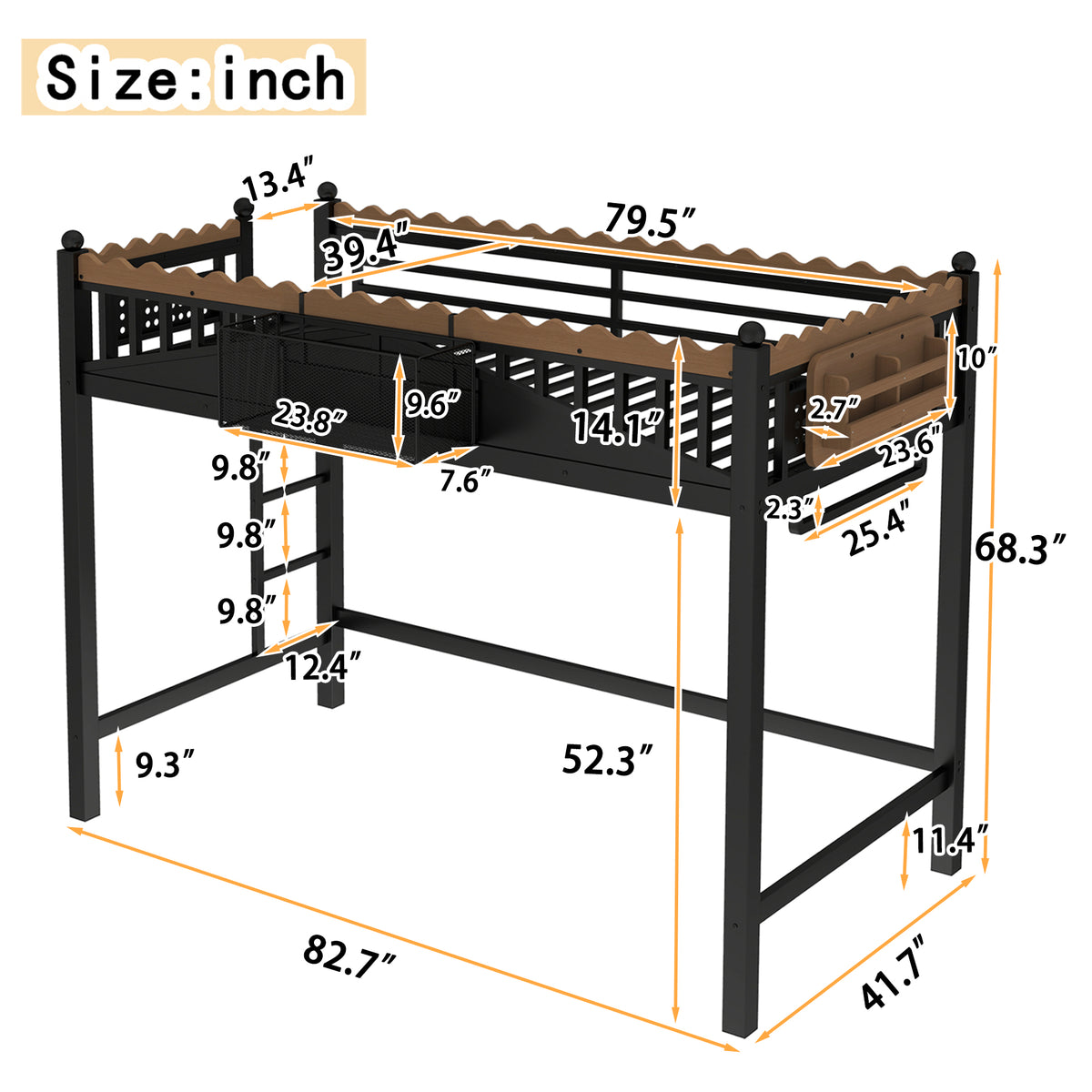 Twin XL Size Loft Bed with Ladders and Storage Shelves