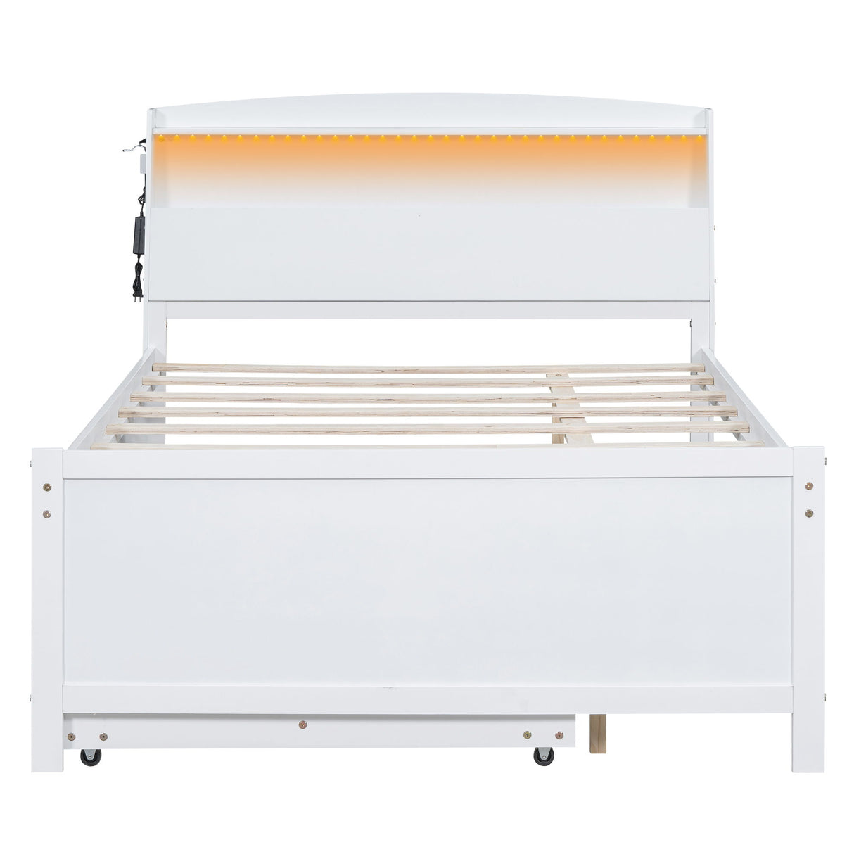 Full Size Platform Bed With Storage LED Headboard, Twin Trundle And 3 Drawers - White
