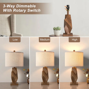 Farmhouse Table Lamps Set of 2, Wood Grain, 24.5-Inch, USB Charging
