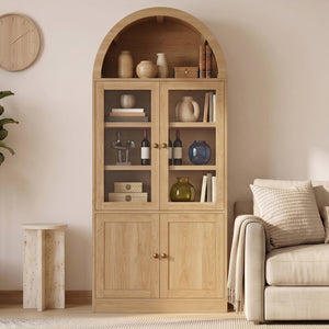 Tall Arched Top Storage Cabinet with Tempered Glass Doors