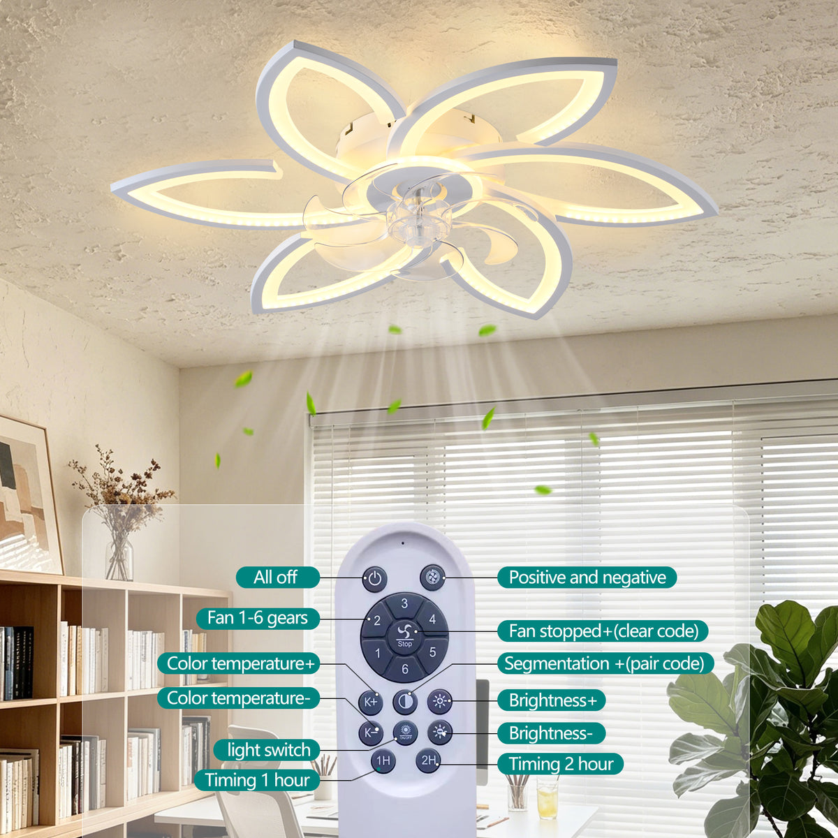 30" White Flower 6 Speeds Flush Mount Ceiling Fan