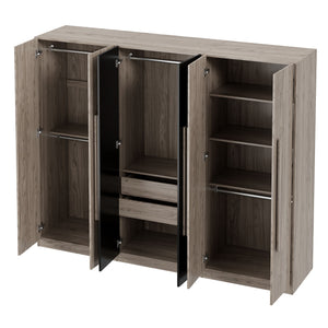 6 Doors Wardrobe Storage For Bedroom, With 2 Drawers Inside - Black / Nature