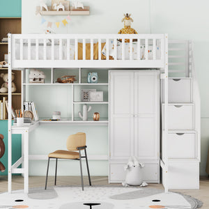 Loft Bed With Bookshelf, Drawers, Desk, And Wardrobe