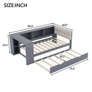 Upholstered Headboard Platform Bed with Storage Shelves, Trundle, and Charging Station