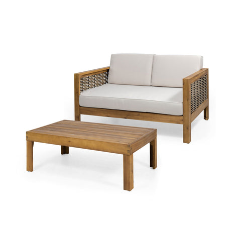 Outdoor Patio Set With Coffee Table And Loveseat - Teak / Beige - Best Buy Furniture
