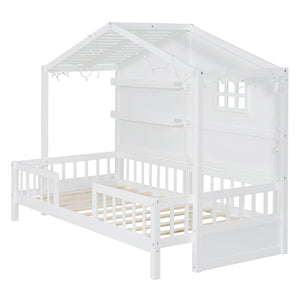 House Bed With Shelves, Window And Sparkling Light Strip On The Roof