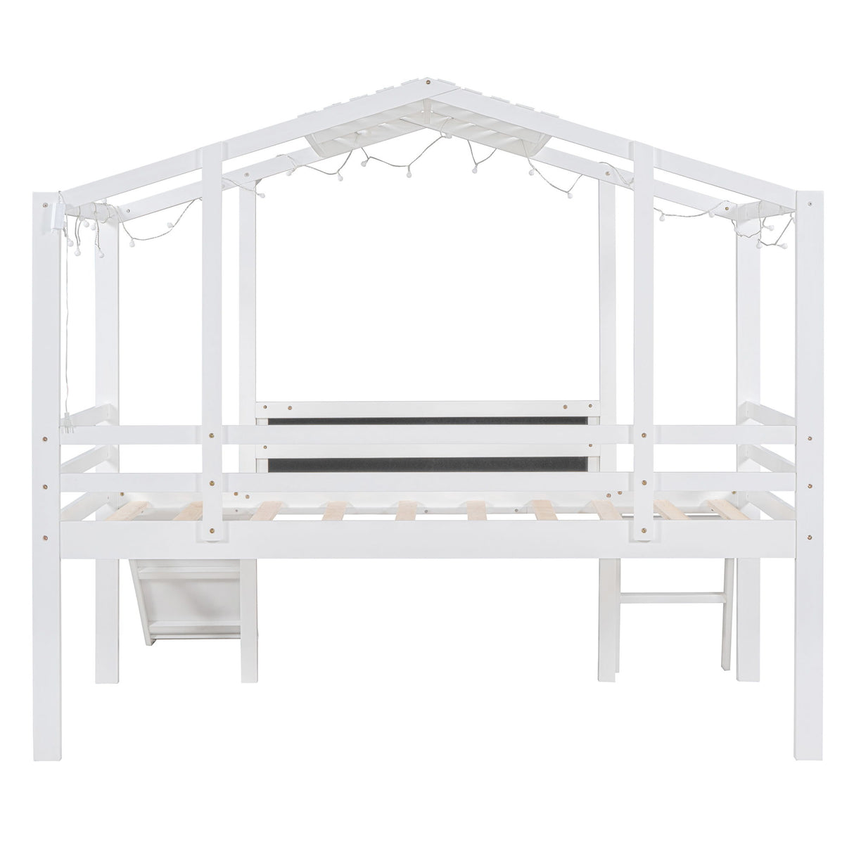 Loft House Bed With Ladder And Slide, With board And Light Strip On The Roof