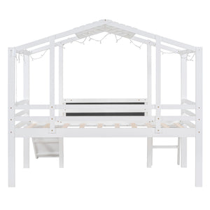 Loft House Bed With Ladder And Slide, With board And Light Strip On The Roof