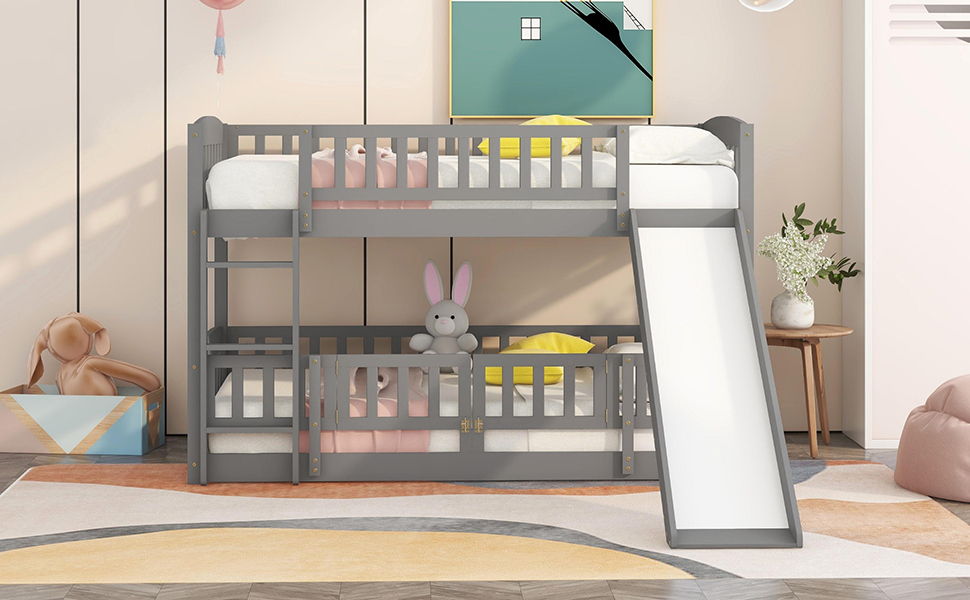 Low Bunk Bed With Slide, Fence And Ladder