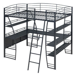 Loft Bed With 4 Layers Of Shelves And L-Shaped Desk, Stylish Metal Frame Bed With A Set Of Sockets, USB Ports And And Wireless Charging