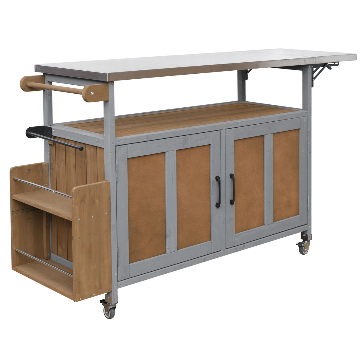 Foldable Outdoor Kitchen Island With Lockable Wheels, Storage Cabinet And Towel Rack For Patio