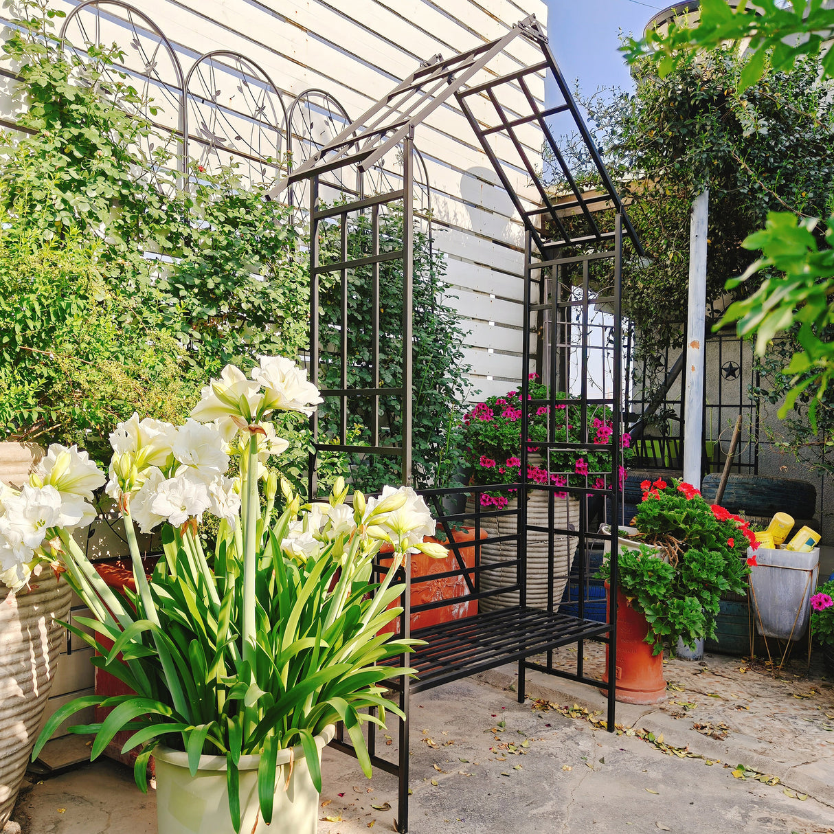 Metal Garden Arch with Bench Turned into Flower Stand