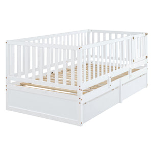Daybed With Fence Guardrails And 2 Drawers, Split Into Independent Floor Bed & Daybed