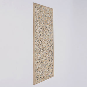 Floral Hand Carved Mandala Rectangle Wall Decor With Mirror - Antique Brown / White
